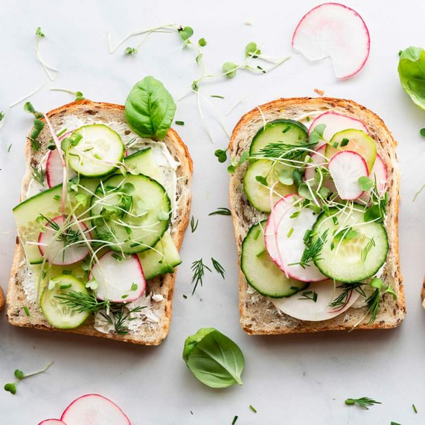 Tosta de pepino y rabanito con queso cremoso. Foto: Bigstock