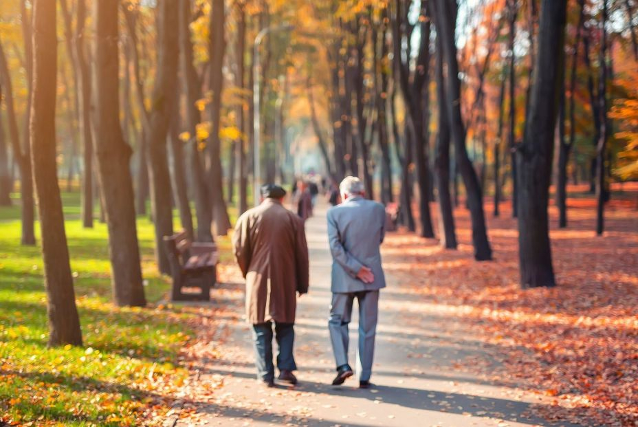dos séniors caminando por el parque dos séniors caminando por el parque
