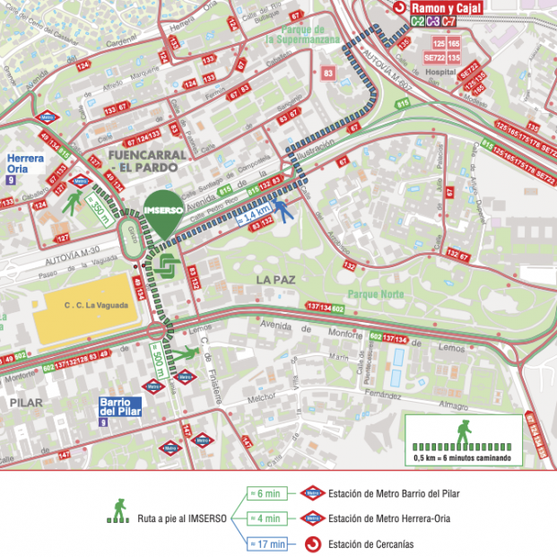 Planos de acceso en transporte público a centros del Imserso en Madrid