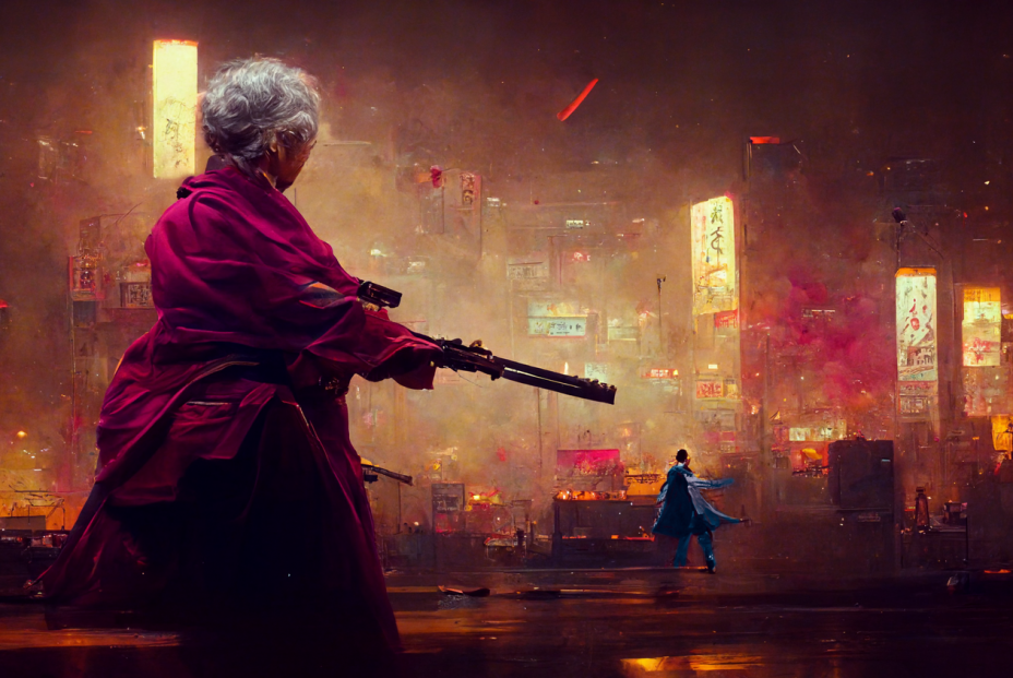 Melomano an old lady samurai firing a pistol. we can see fire c bfd80a03 b1a9 4469 9a43 de4760bd1a7d