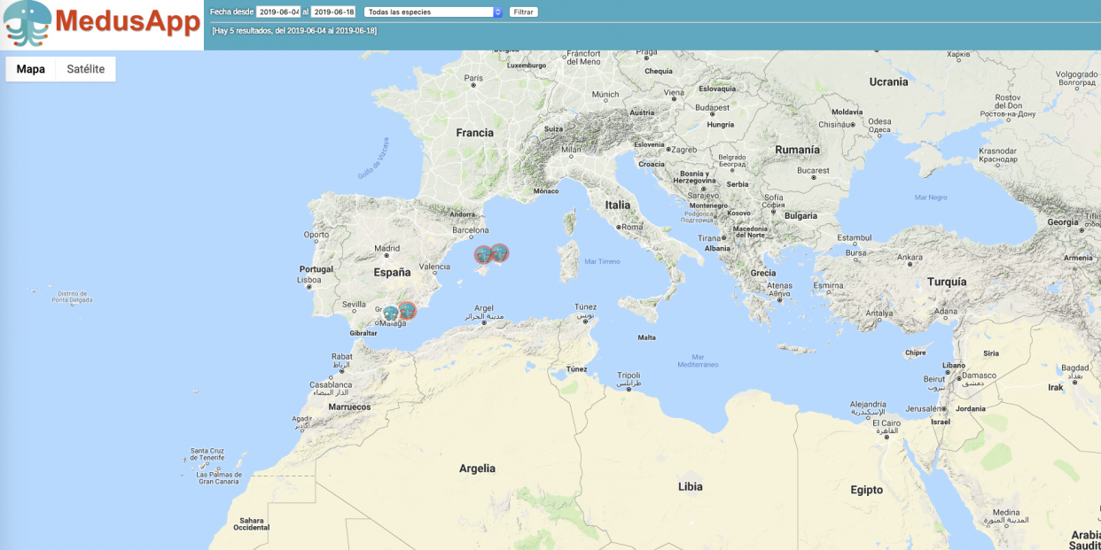 Mapa con avistamientos de medusas