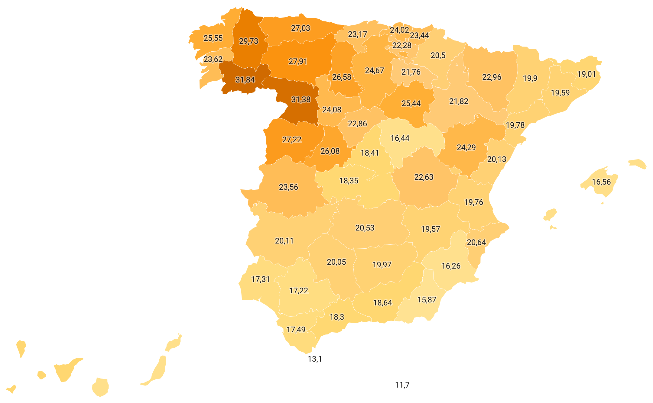 El mapa de las provincias con más mayores de España El mapa de las provincias con más mayores de España