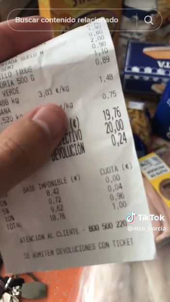 Un usuario muestra todo lo que se puede comprar con tan solo 20 euros en Mercadona. Foto: TikTok