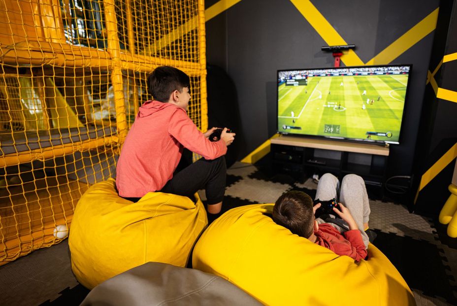 Dos niños jugando a videojuegos en la TV