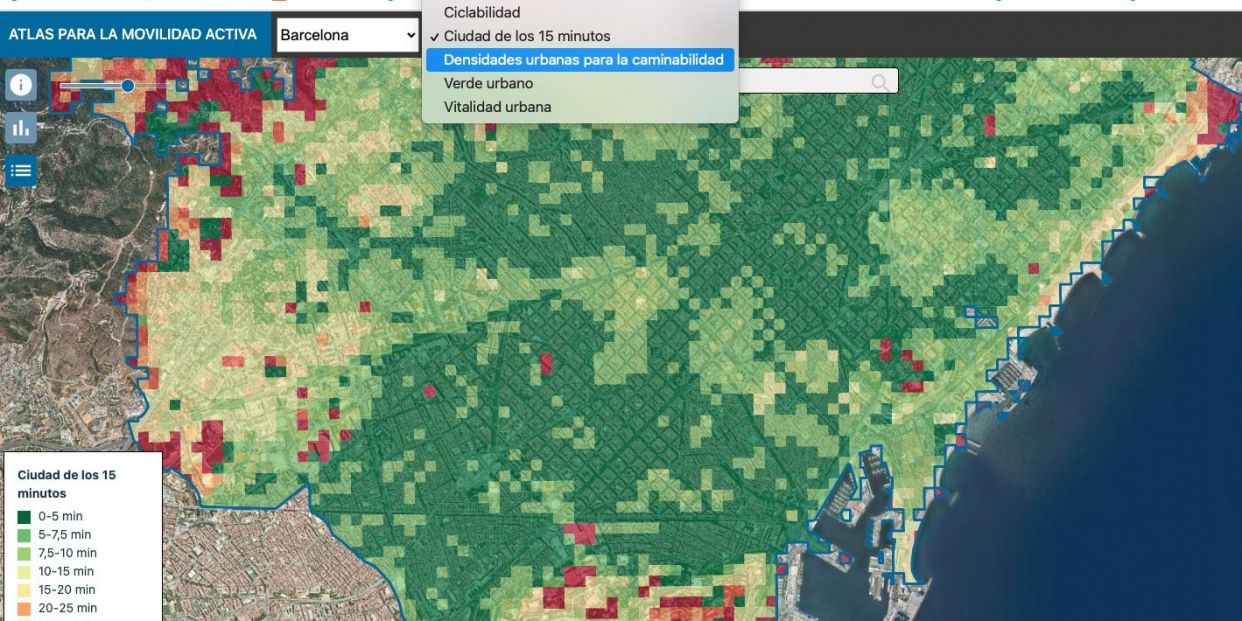 El mapa sobre la movilidad a pie o en bicicleta en Barcelona, Valencia, Palma y Granada