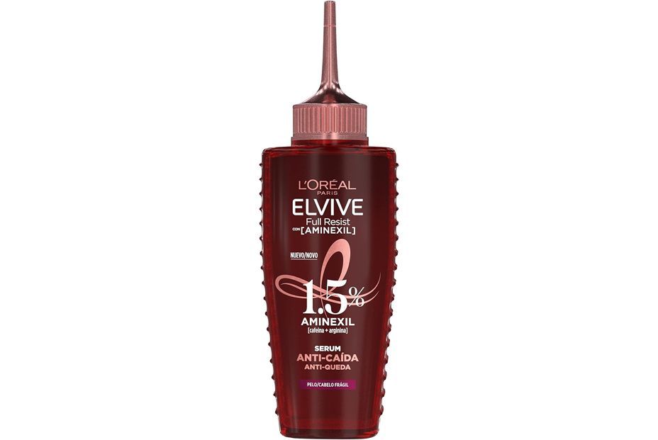 El sérum anti-caída ‘Elvive Full Resist’, de L’Oréal Paris, contiene un 1,5% de aminexil, cafeína y arginina (15 €).