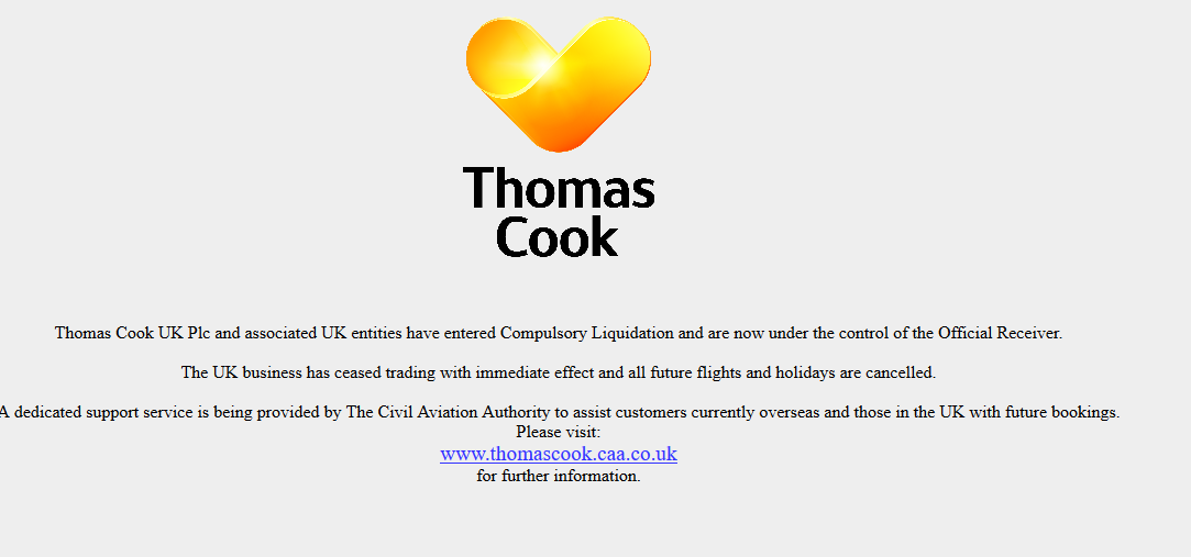 Mensaje en la web de Thomas Cook