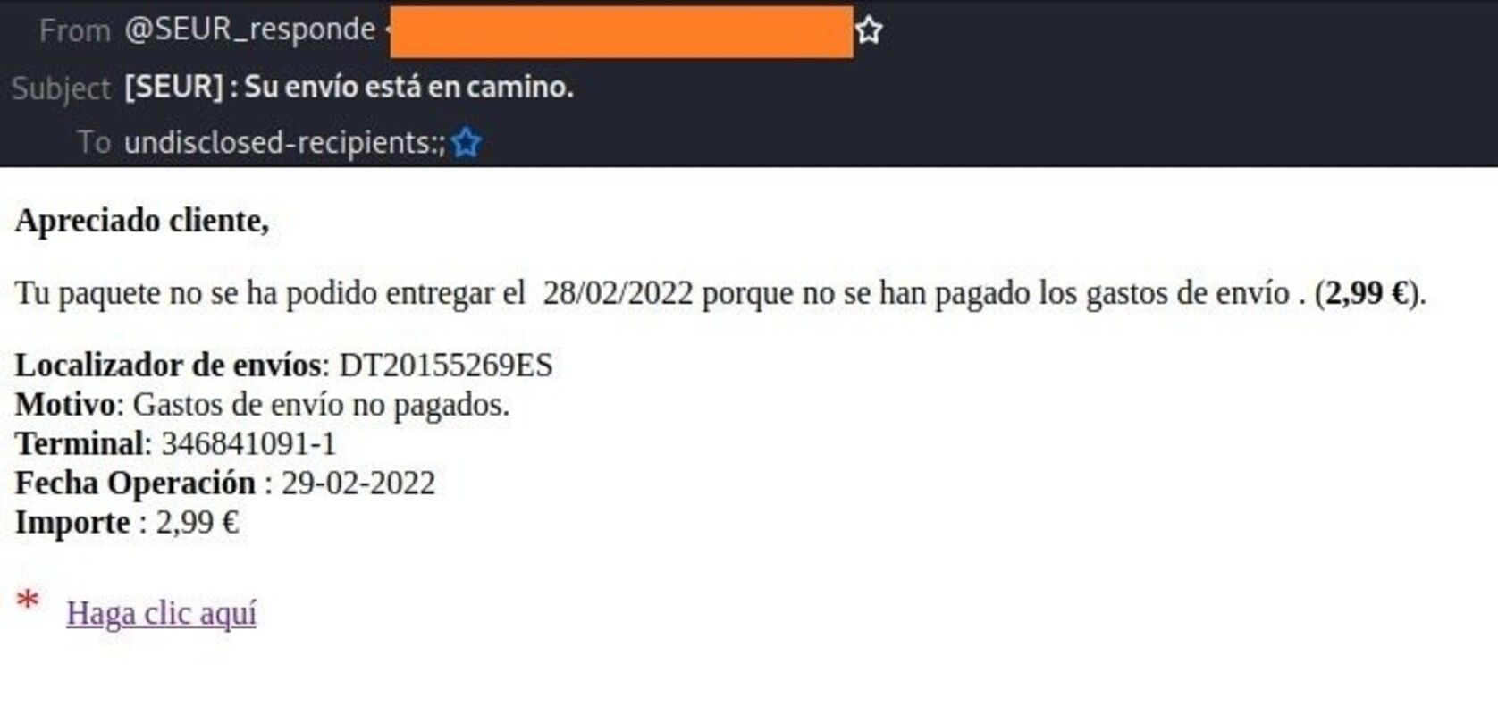 Correo fraudulento en intento de phising. Fuente: EuropaPress. Correo fraudulento en intento de phising. Fuente: EuropaPress.