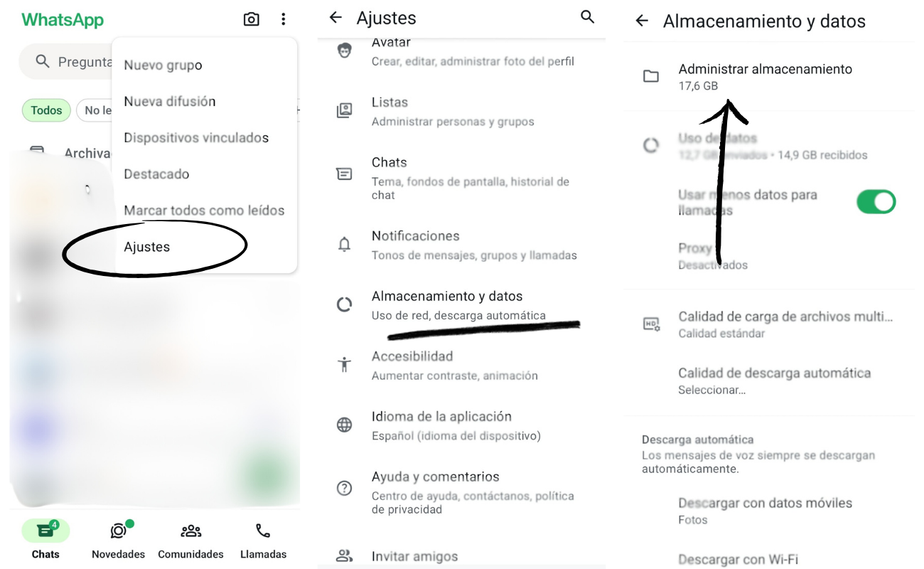 Paso a paso para liberar espacio antes de la actualización en Android. Elaboración propia. Paso a paso para liberar espacio antes de la actualización en Android. Elaboración propia.