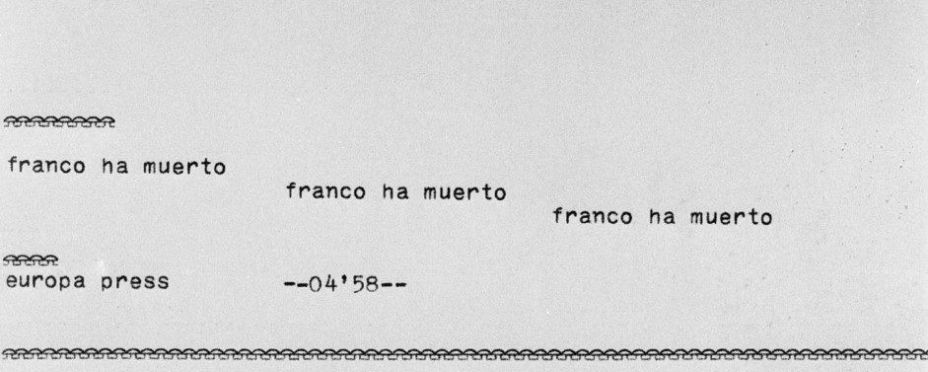 El histórico teletipo que Europa Press distribuyó a sus abonados a las 04.58 del 20 de noviembre de 1975. Fuente: Europa Press.