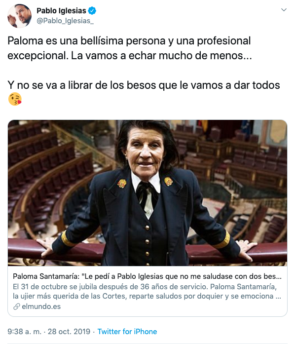 Pablo Iglesias se despide en Twitter de Paloma Santamaría