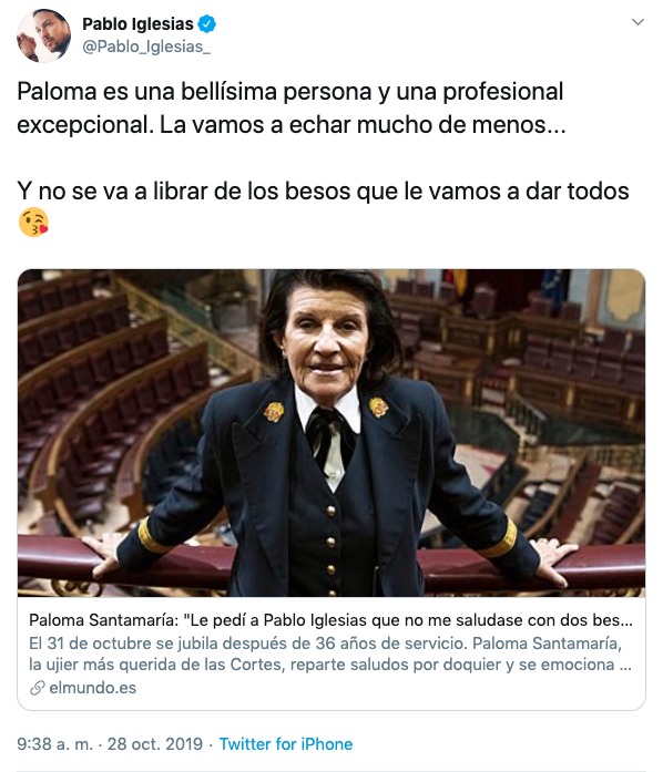 Pablo Iglesias se despide en Twitter de Paloma Santamaría Pablo Iglesias se despide en Twitter de Paloma Santamaría