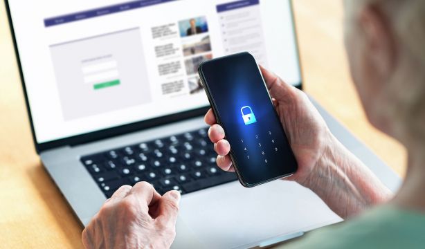 bigstock Senior And Phone With Lock Pas 460982531