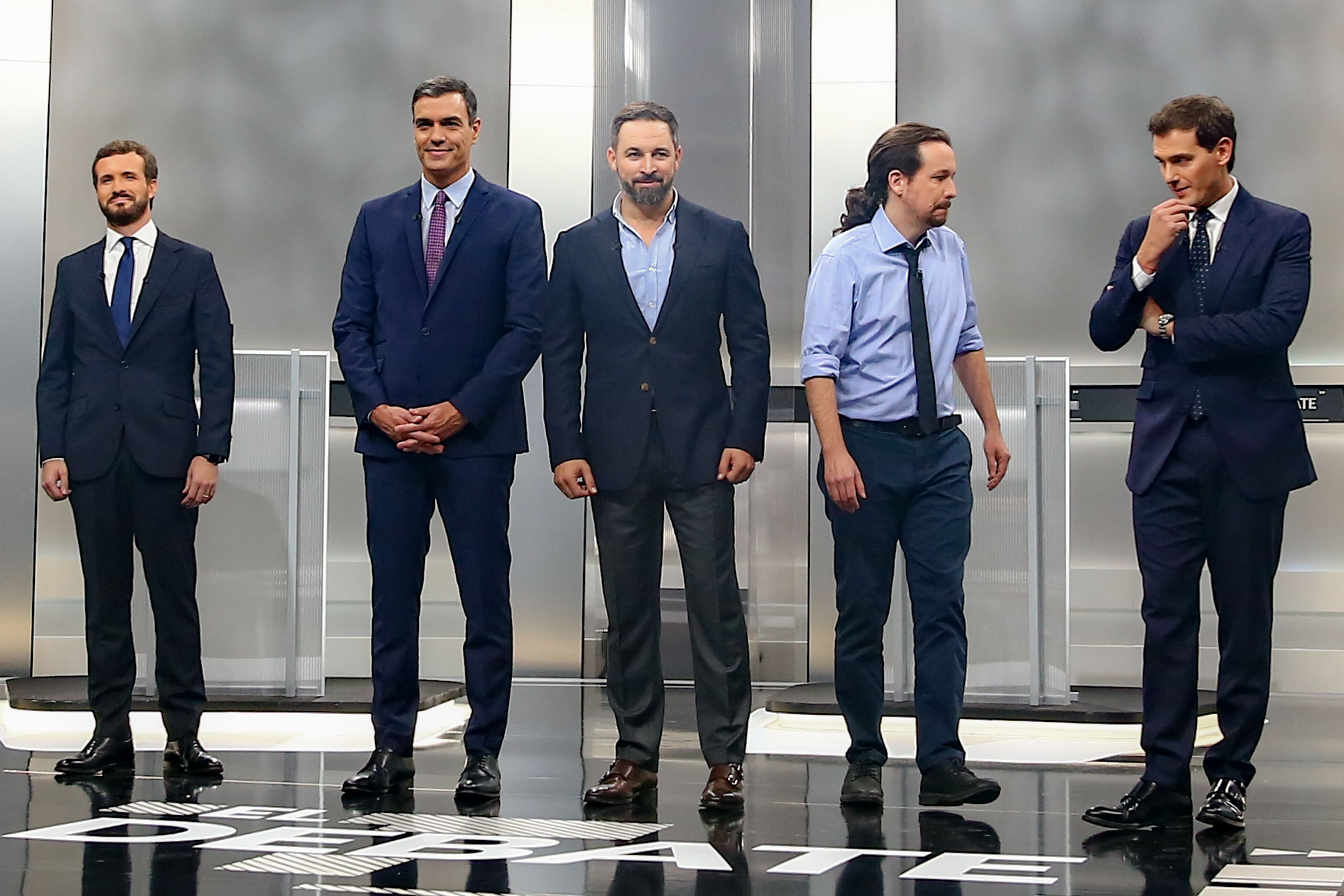 Los candidatos a la presidencia del Gobierno el proóximo 10 N Pablo Casado (PP); Pedro Sánchez (PSOE); Santiago Abascal (VOX); Albert Rivera (Ciudadanos); Pablo Iglesias (Unidas Podemos)  antes del debate elector