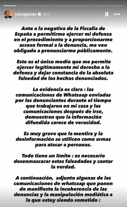 Julio Iglesias publica los WhatsApp de sus exempleadas para demostrar la "falsedad" de la denuncia (1) Julio Iglesias publica los WhatsApp de sus exempleadas para demostrar la "falsedad" de la denuncia (1)