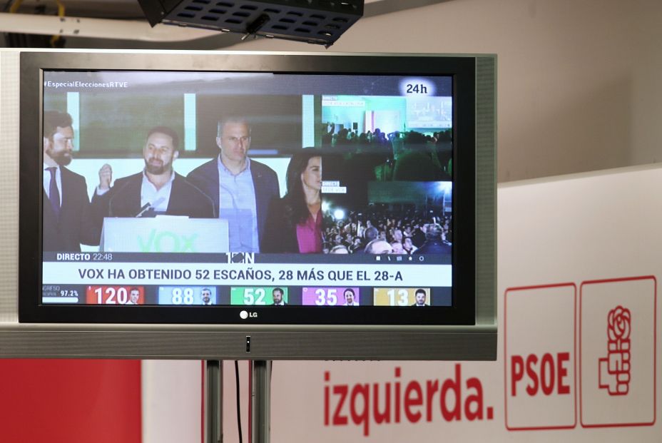EuropaPress 2479639 Afiliados del Partido Socialista ven en una de las pantallas de la sede del partido a los dirigentes de Vox como celebran sus buenos resultados electorales durante la noche electoral del 10N en Madrid (España) donde el 