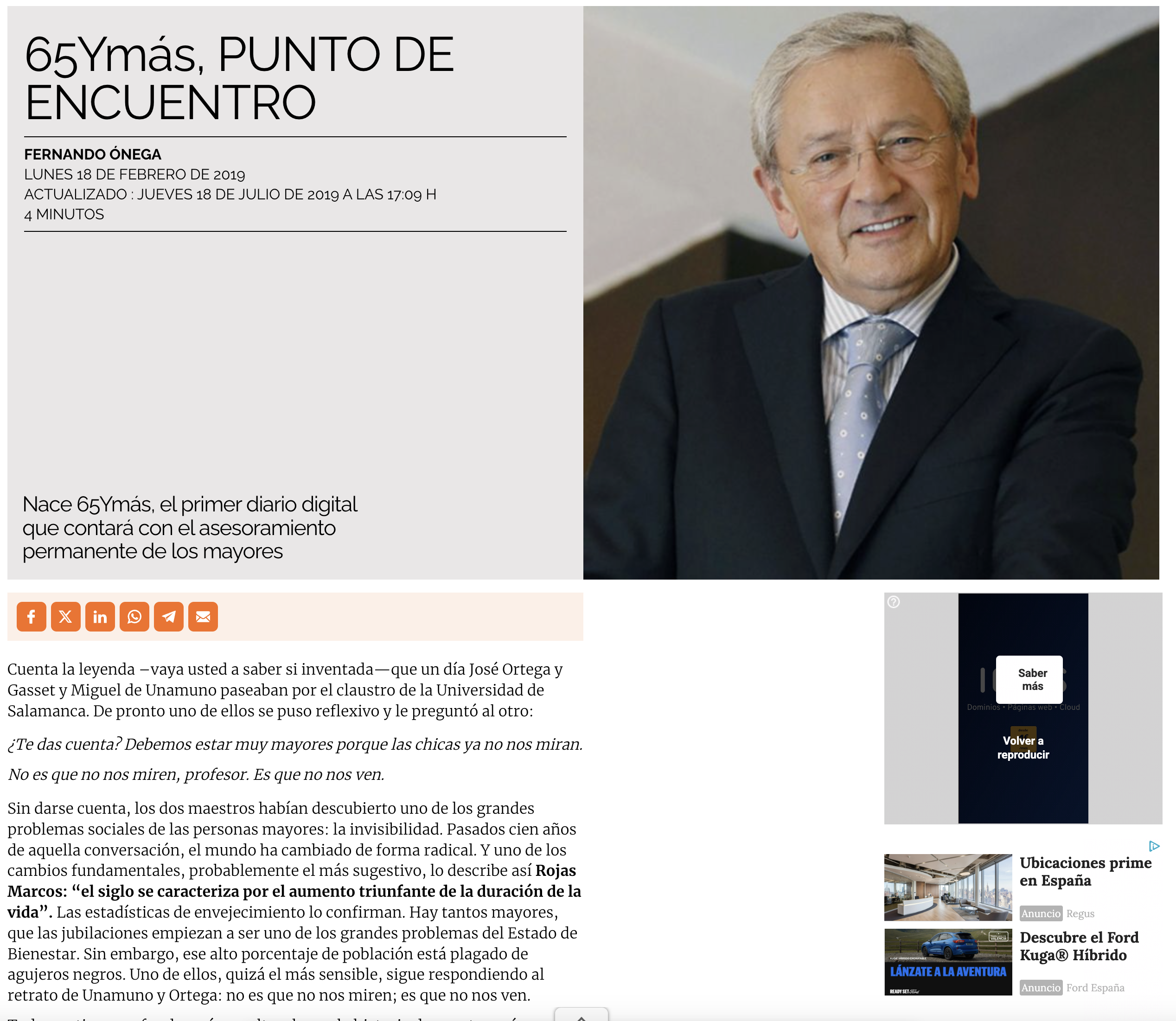 La primera carta de Fernando Ónega a los lectores de 65YMÁS