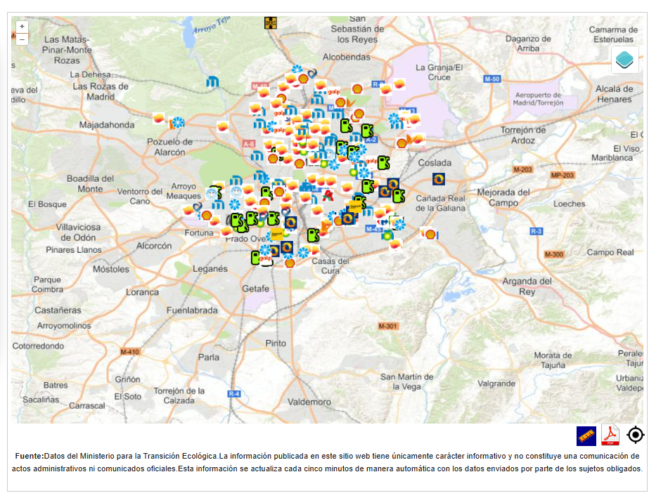 Estaciones de servicio en Madrid. Fuente: geoportalgasolineras.es/