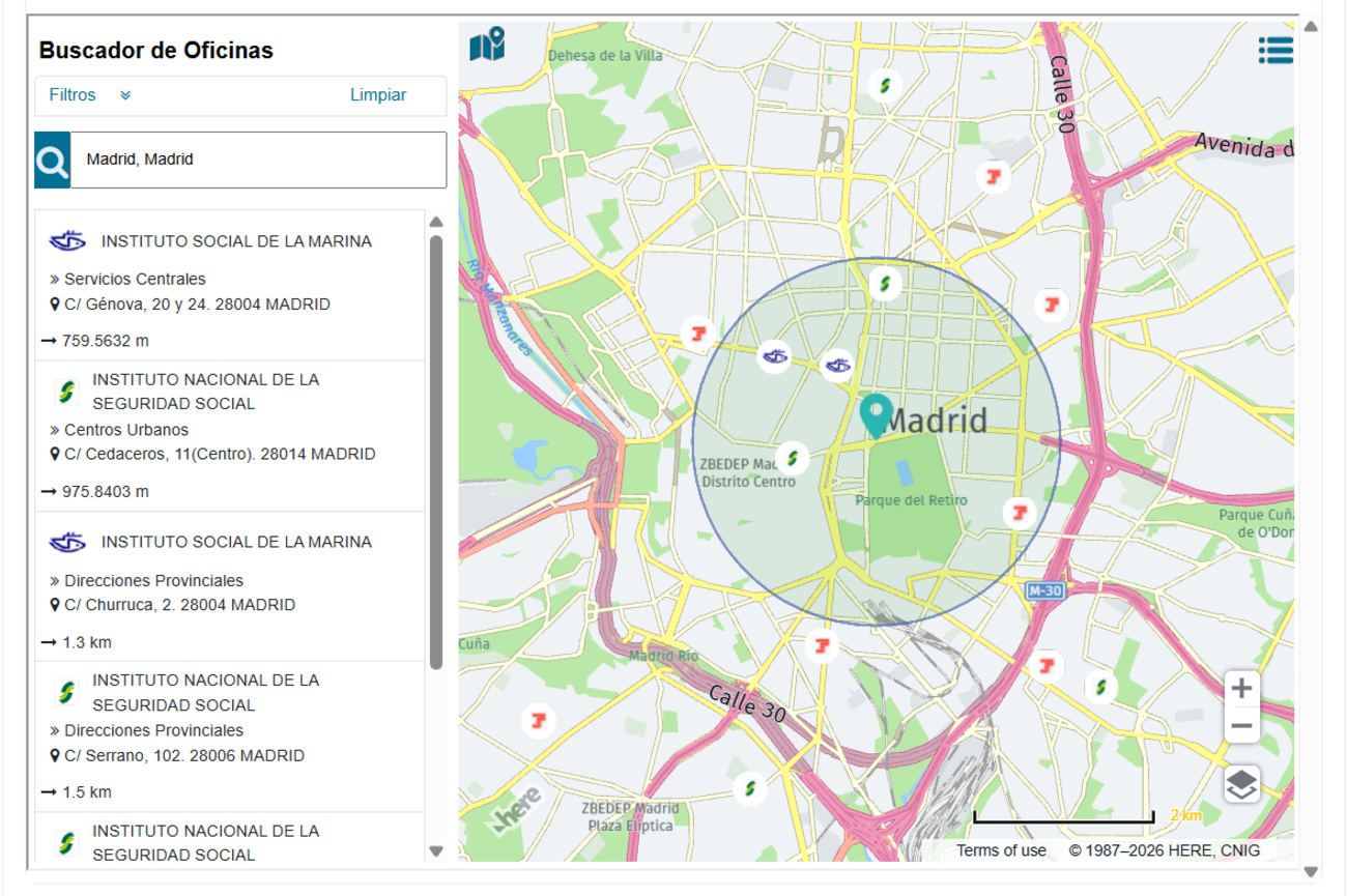 Cómo encontrar tu oficina de la Seguridad Social más cercana en segundos. Interfaz del buscador.