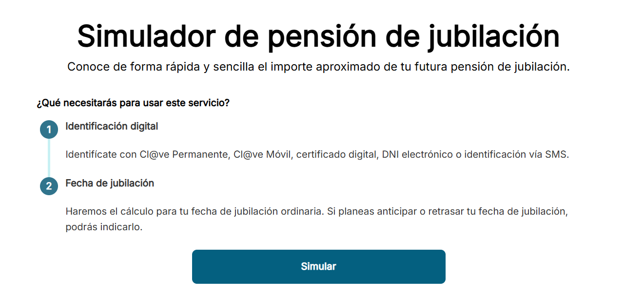 Interfaz del simulador de pensión de jubilación.