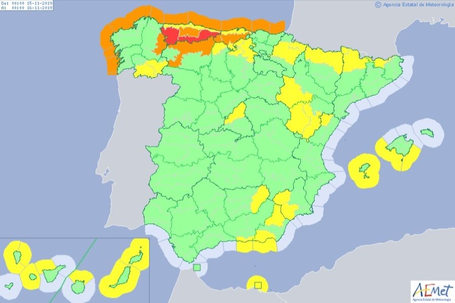 EuropaPress 2488226 Mapa de España que muestra los avisos de la AEMET para este viernes 15 de noviembre de 2019