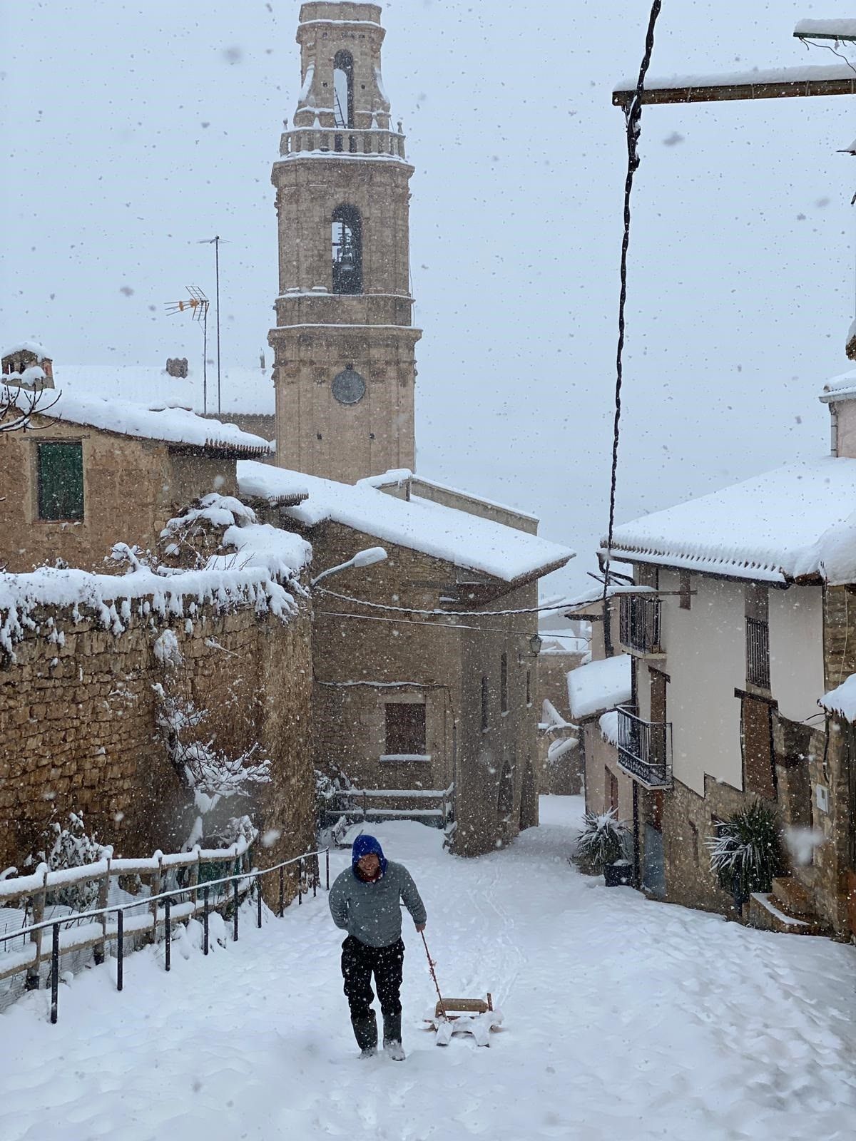 Vista de Troncón (Teruel) en el Maestrazgo durante el temporal Gloria de 2020 