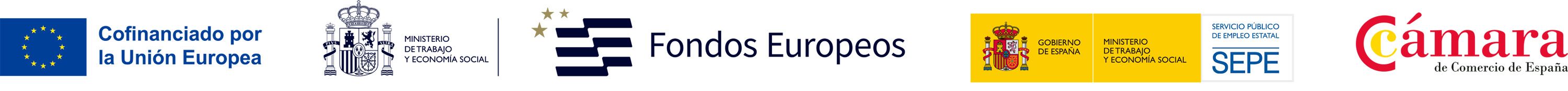 Logotipos de Cofinanciación Unión Europea, Ministerio de Trabajo, Fondos Europeos, SEPE y Cámara de España