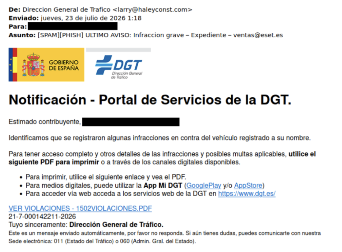 Alerta: ESET avisa de una estafa que suplanta la identidad de la DGT