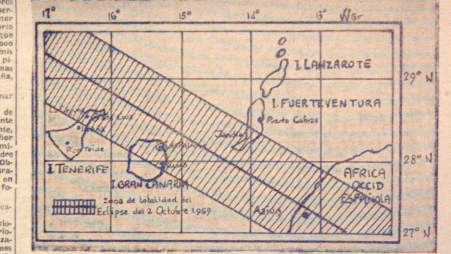 Recorte del periódico canario El Día con la franja de totalidad del eclipse de 1959 en Canarias Recorte del periódico canario El Día con la franja de totalidad del eclipse de 1959 en Canarias