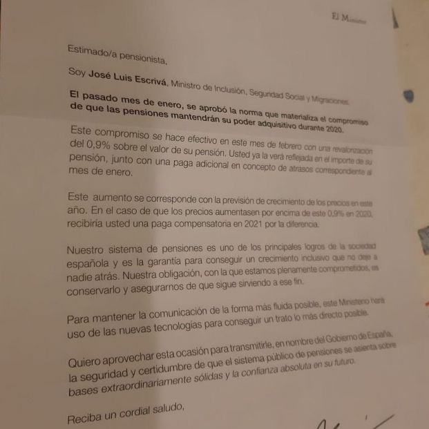 Carta de José Luis Escrivá a los pensionistas