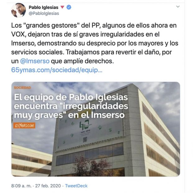 Imserso: Pablo Iglesias promete trabajar para "revertir el desprecio y el daño del PP a los mayores"