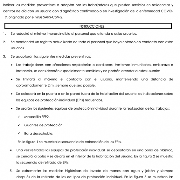 Ejemplo de medidas para trabajadorees de residencias