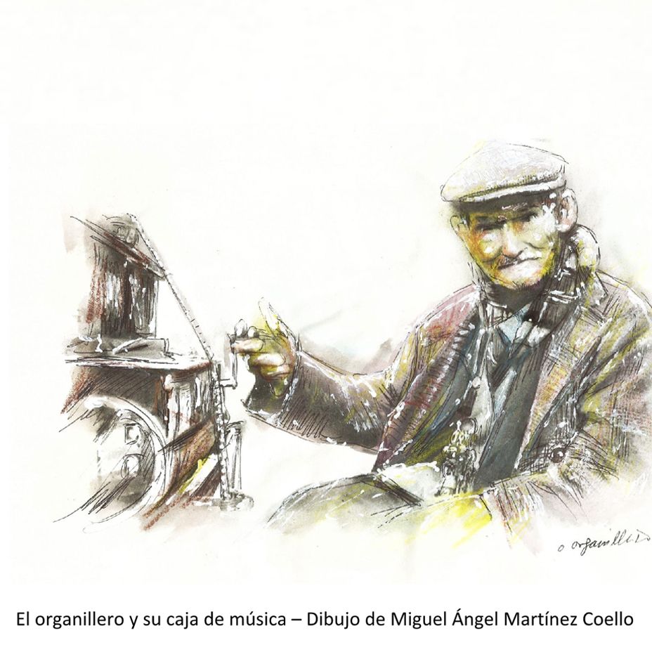 El organillero y su caja de música – Dibujo de Miguel Ángel Martínez Coello