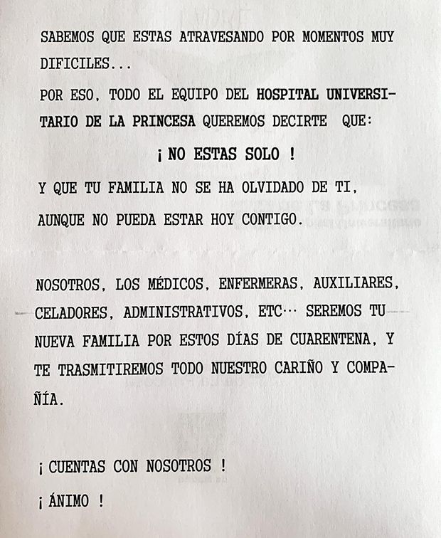 Carta del Hospital de La Princesa a los pacientes con coronavirus