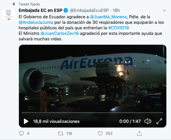 Ecuador agradece la llegada de respiradores andaluces
