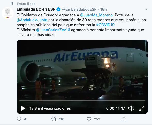 Ecuador agradece la llegada de respiradores andaluces Ecuador agradece la llegada de respiradores andaluces