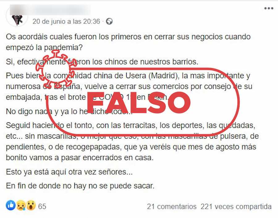 No, los comercios chinos no han vuelto a cerrar sus puertas en Madrid por culpa del rebrote en Pekín No, los comercios chinos no han vuelto a cerrar sus puertas en Madrid por culpa del rebrote en Pekín