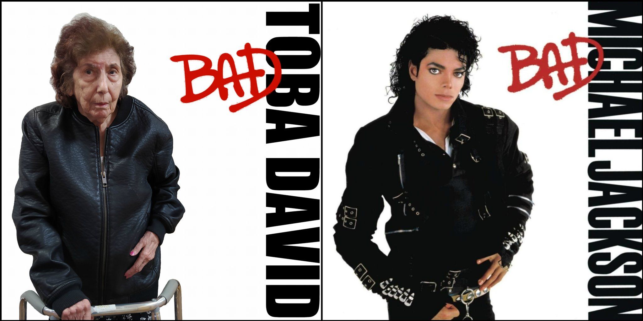 Toba David, sujeta a su andador, recrea la mítica portada del Bad de Michael Jackson