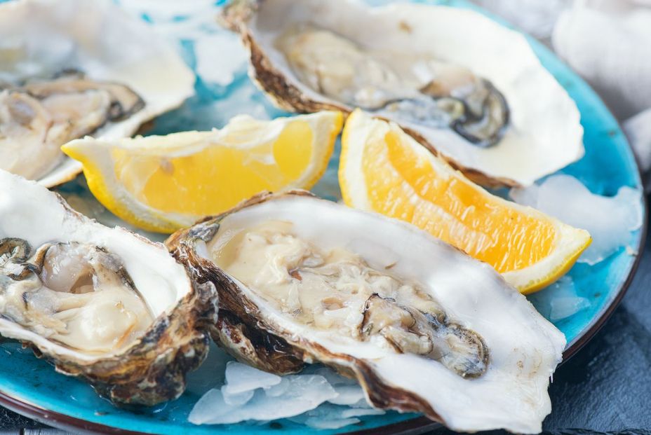 bigstock Oysters close up on blue plate 369188551
