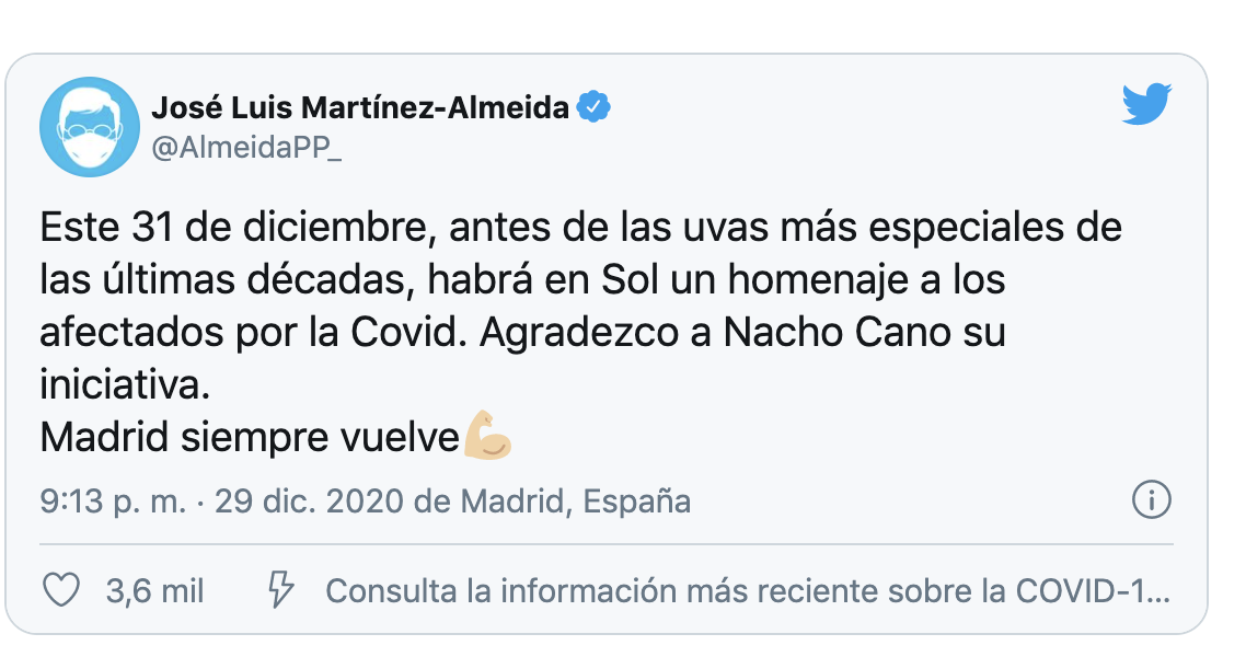 Twitter del alcalde de Madrid, José Luis Martínez-Almeida Twitter del alcalde de Madrid, José Luis Martínez-Almeida