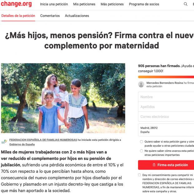 Petición en Change.org de las familias numerosas contra el complemento de maternidad