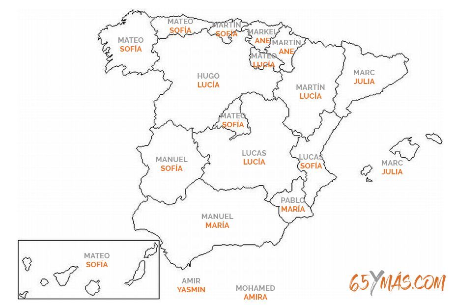 Mapa de los nombres más frecuentes de recién nacidos por CCAA en España
