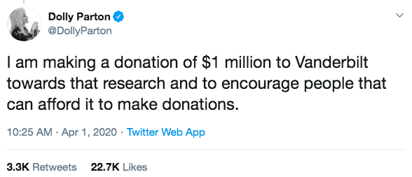 Dolly Parton dona un millón de dólares para investigación de la covid. Foto: Twitter