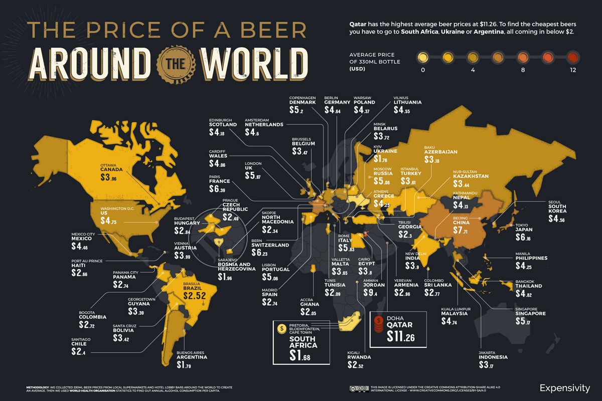 Mapa del precio de la cerveza en el mundo. Imagen: Expensivity