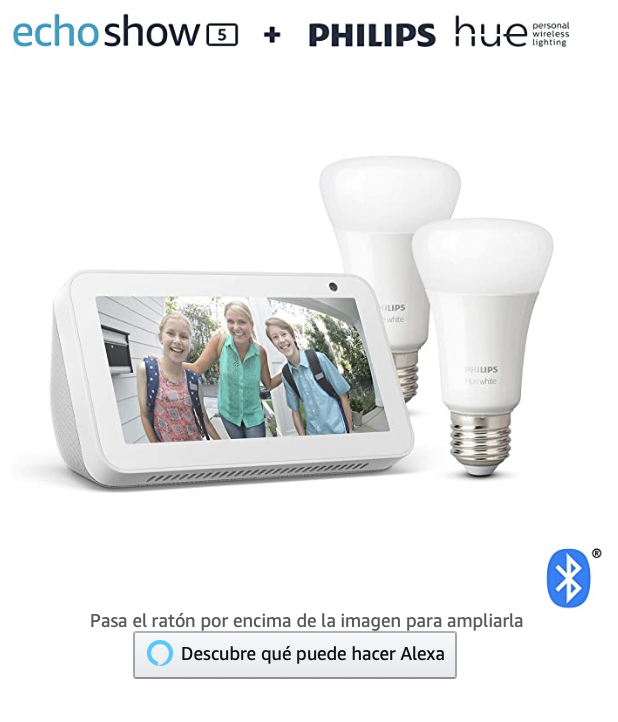 Echo Show 5, blanco + Philips Hue White Pack de 2 bombillas LED inteligentes.