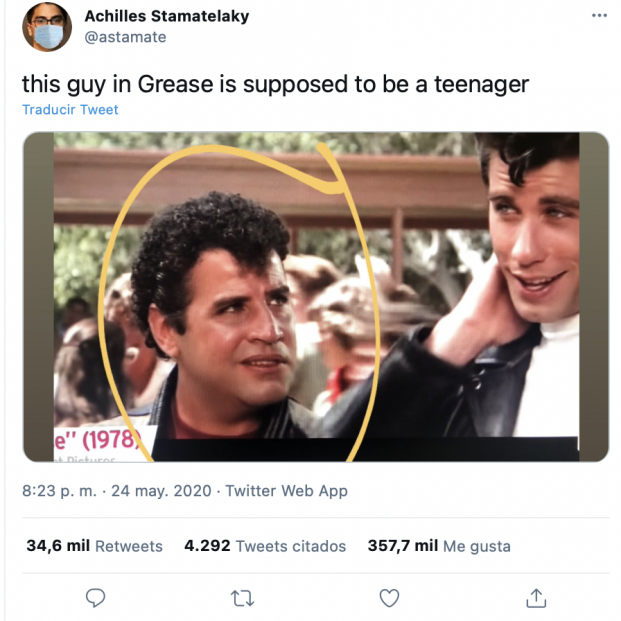 Tuit sobre la edad que aparentan los personajes de Grease