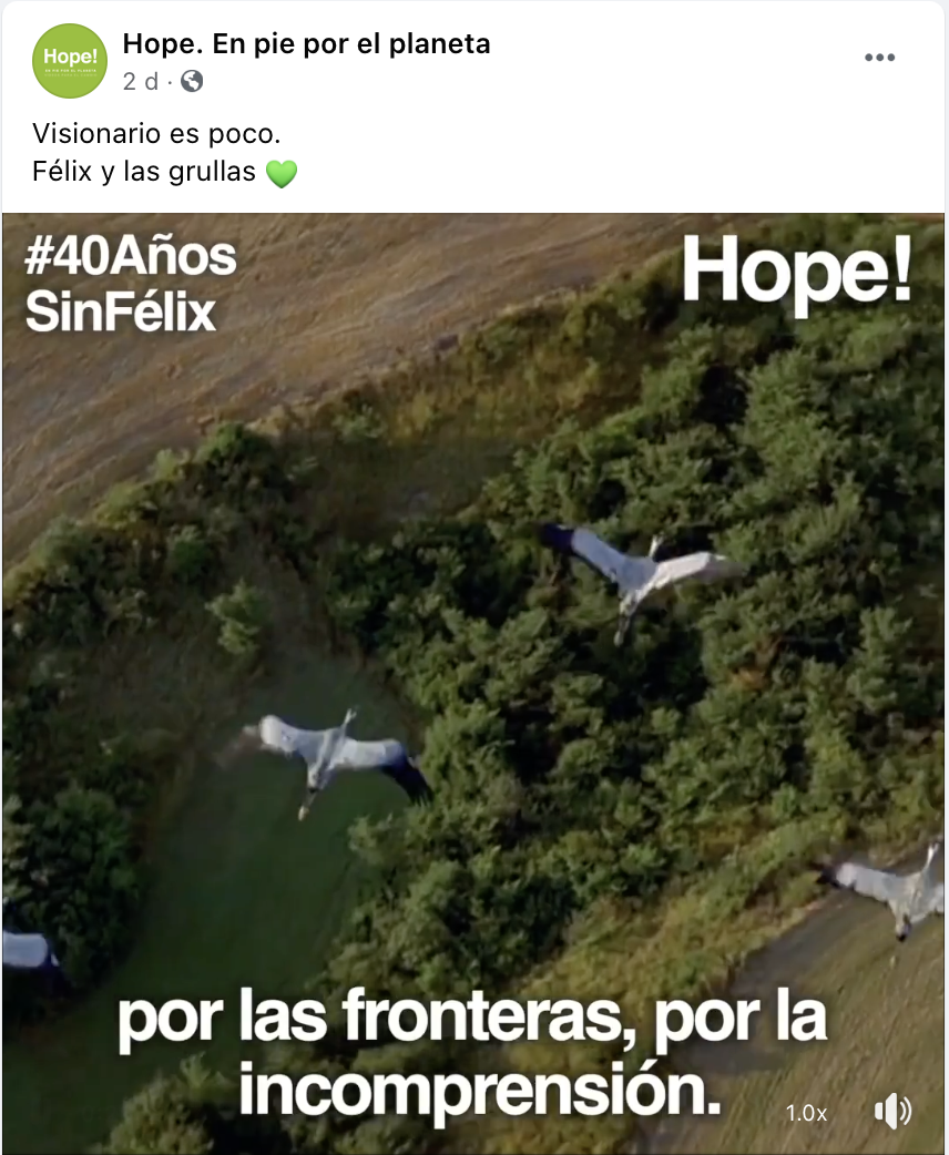 Publicación en Facebook de Hope! sobre Félix Rodríguez De la Fuente