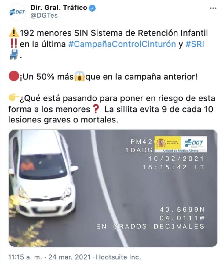 Tuit DGT aumenta el número de menores sin llevar el SRI