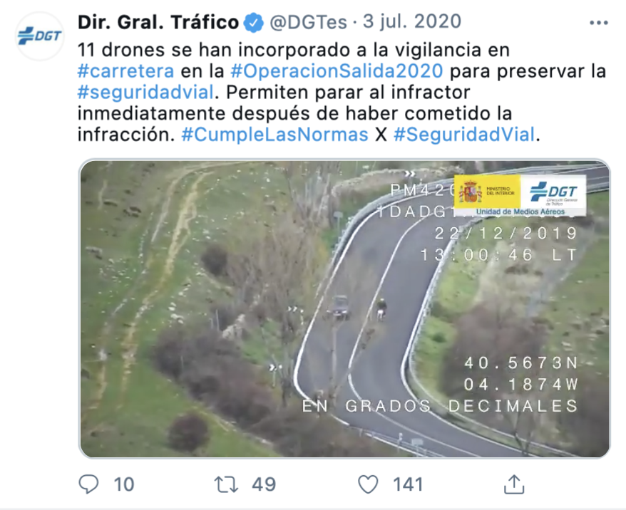 Tuit de la DGT de la vigilancia de drones durante la operación salida del verano 2020