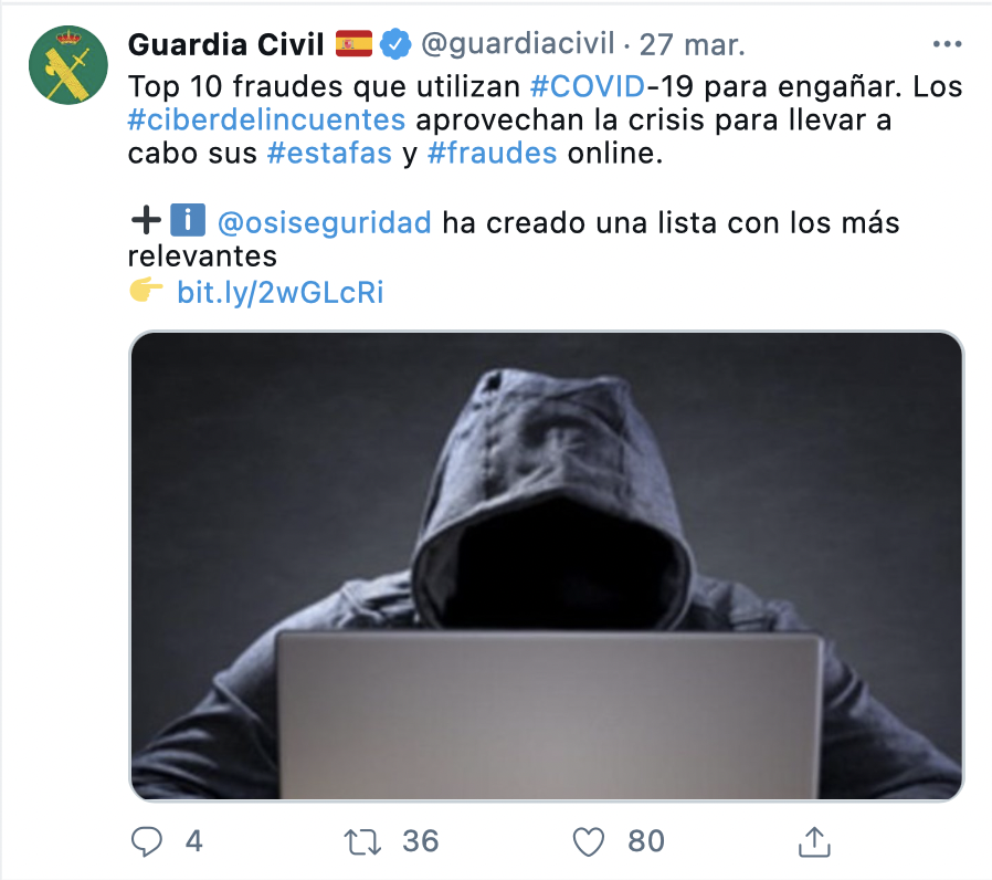 Tuit de la Guardia Civil alertando del Top 10 fraudes que utilizan al COVID-19 para engañar